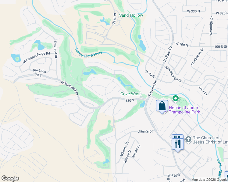 map of restaurants, bars, coffee shops, grocery stores, and more near 145 Crystal Lakes Drive in St. George