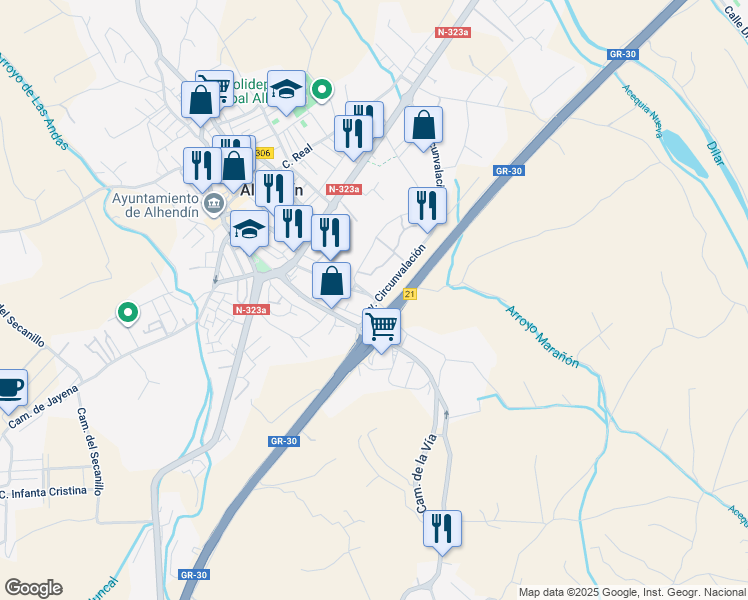 map of restaurants, bars, coffee shops, grocery stores, and more near 3 Avenida Circunvalación in Alhendín