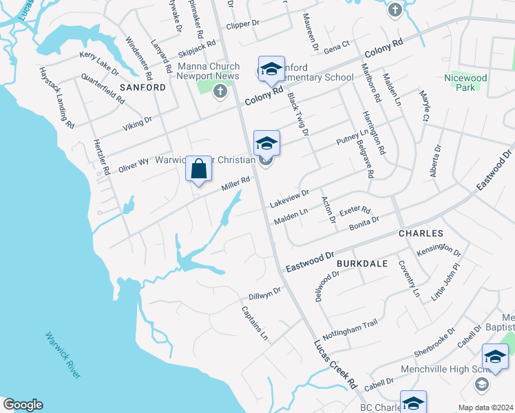 map of restaurants, bars, coffee shops, grocery stores, and more near 4 Lakeview Drive in Newport News