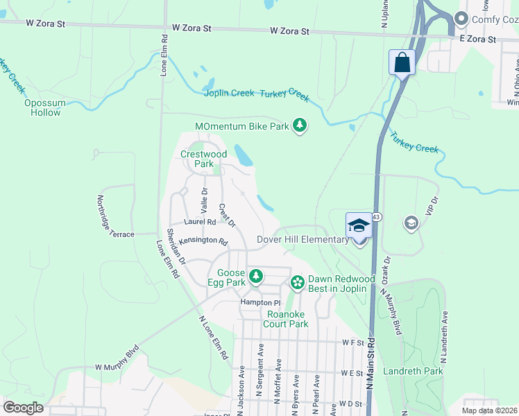map of restaurants, bars, coffee shops, grocery stores, and more near 1243 Bramar Drive in Joplin