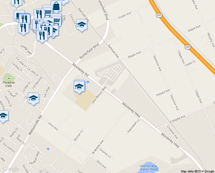 map of restaurants, bars, coffee shops, grocery stores, and more near 15100 Monterey Road in Morgan Hill