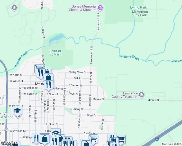 map of restaurants, bars, coffee shops, grocery stores, and more near 405 North East Street in Mount Vernon