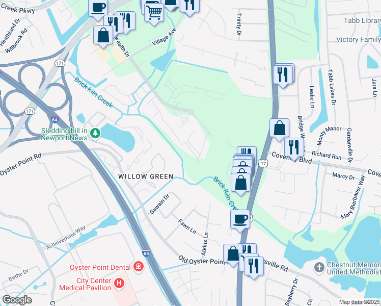 map of restaurants, bars, coffee shops, grocery stores, and more near 102 Armory Street in Yorktown