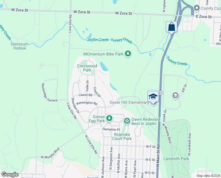 map of restaurants, bars, coffee shops, grocery stores, and more near 1243 Bramar Drive in Joplin