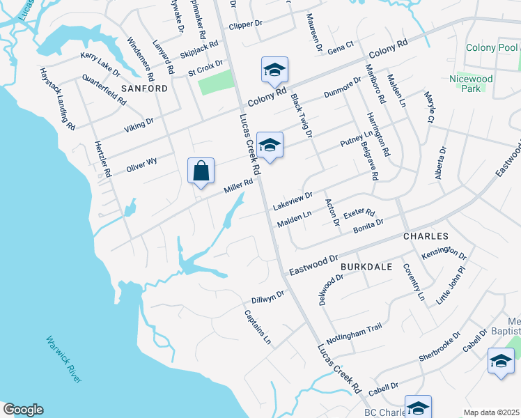 map of restaurants, bars, coffee shops, grocery stores, and more near 4 Lakeview Drive in Newport News