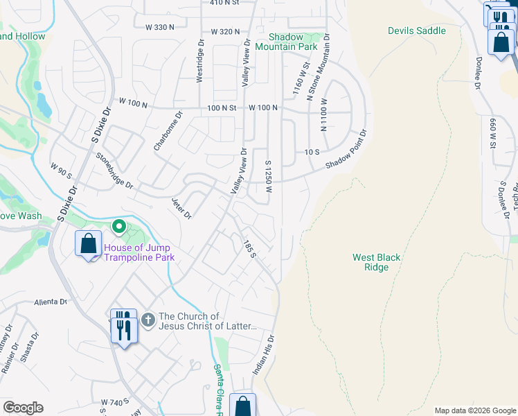 map of restaurants, bars, coffee shops, grocery stores, and more near 1269 West Las Hurdes Drive in St. George