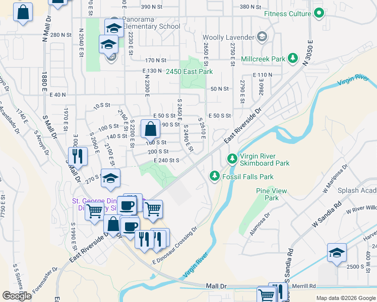 map of restaurants, bars, coffee shops, grocery stores, and more near 2568 East 160 South in St. George