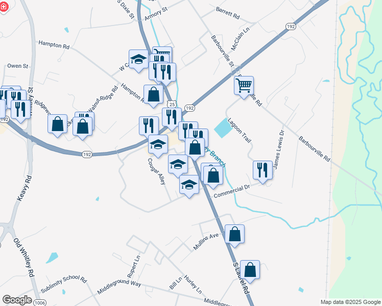 map of restaurants, bars, coffee shops, grocery stores, and more near Road in Laurel County