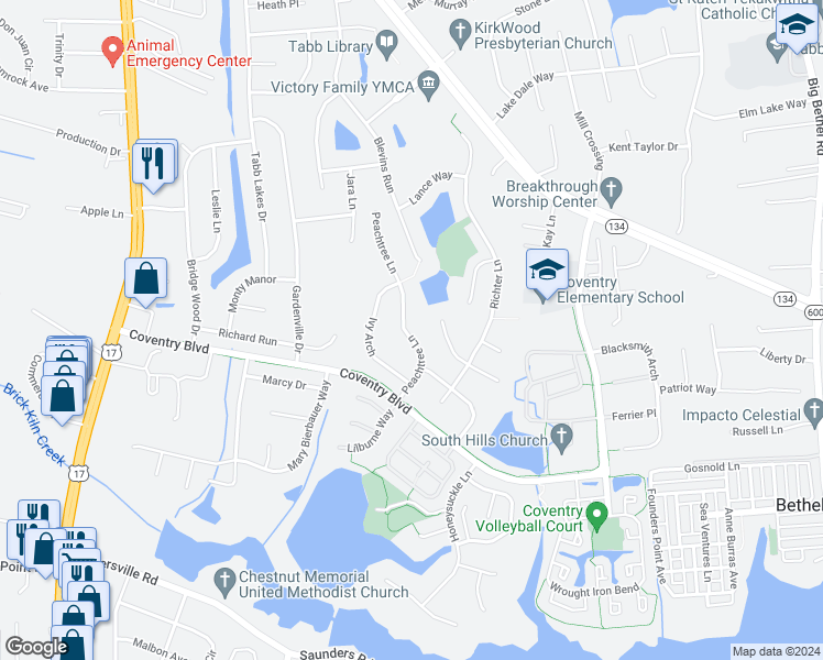 map of restaurants, bars, coffee shops, grocery stores, and more near 310 Peachtree Lane in Yorktown