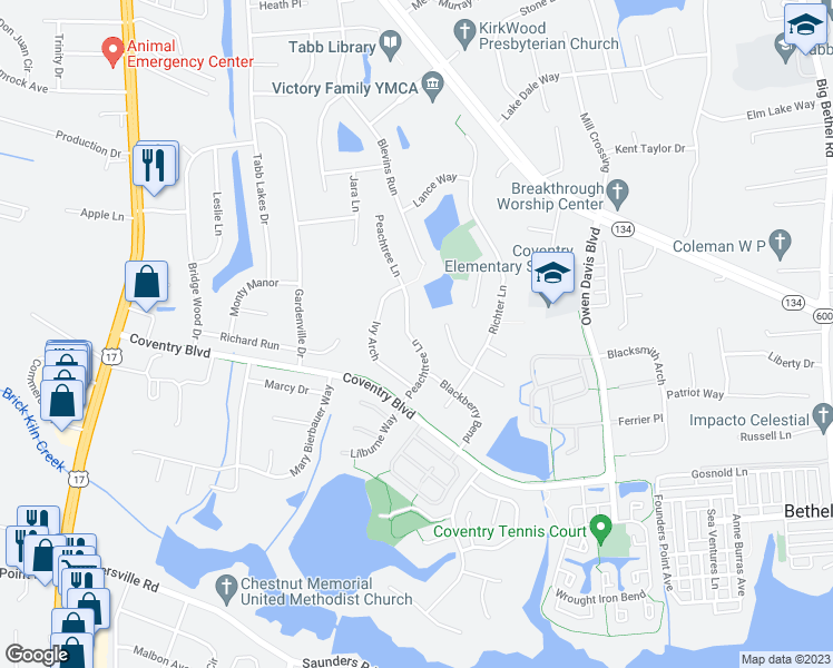 map of restaurants, bars, coffee shops, grocery stores, and more near 310 Peachtree Lane in Yorktown