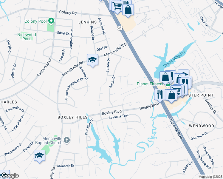 map of restaurants, bars, coffee shops, grocery stores, and more near 268 Sanlin Dr in Newport News