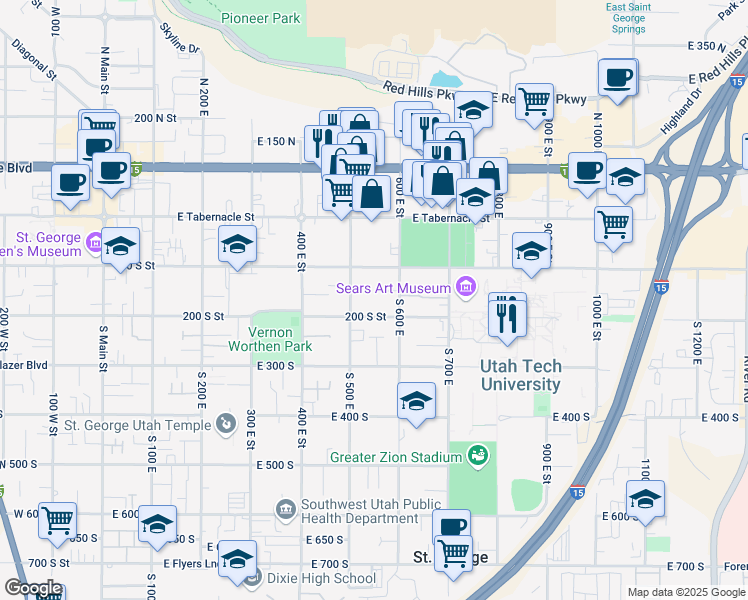 map of restaurants, bars, coffee shops, grocery stores, and more near 156 South 600 East in St. George
