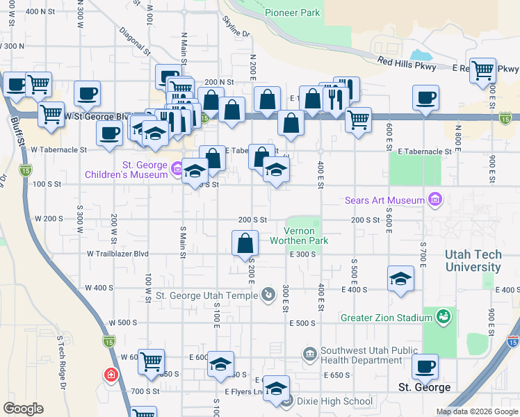 map of restaurants, bars, coffee shops, grocery stores, and more near 167 South 200 East in St. George