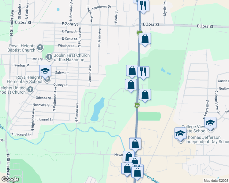 map of restaurants, bars, coffee shops, grocery stores, and more near 2726-2766 Water's Edge Blvd in Joplin