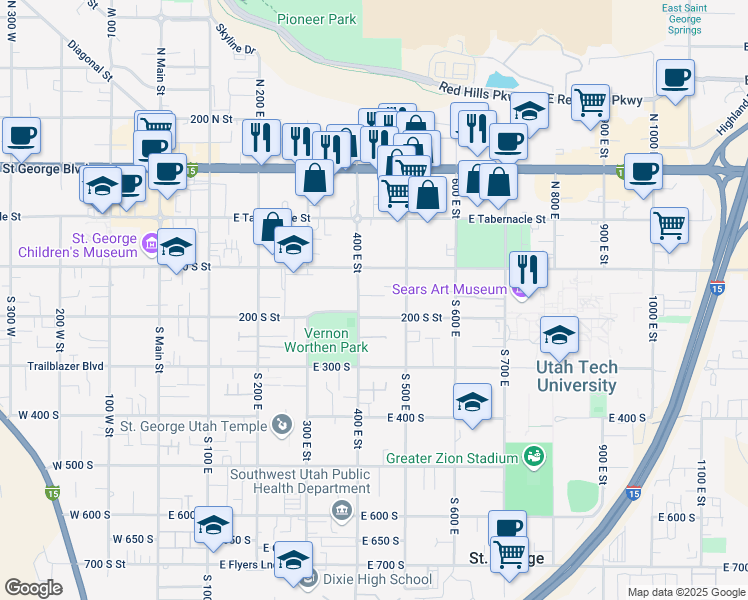 map of restaurants, bars, coffee shops, grocery stores, and more near 151 South 400 East in St. George