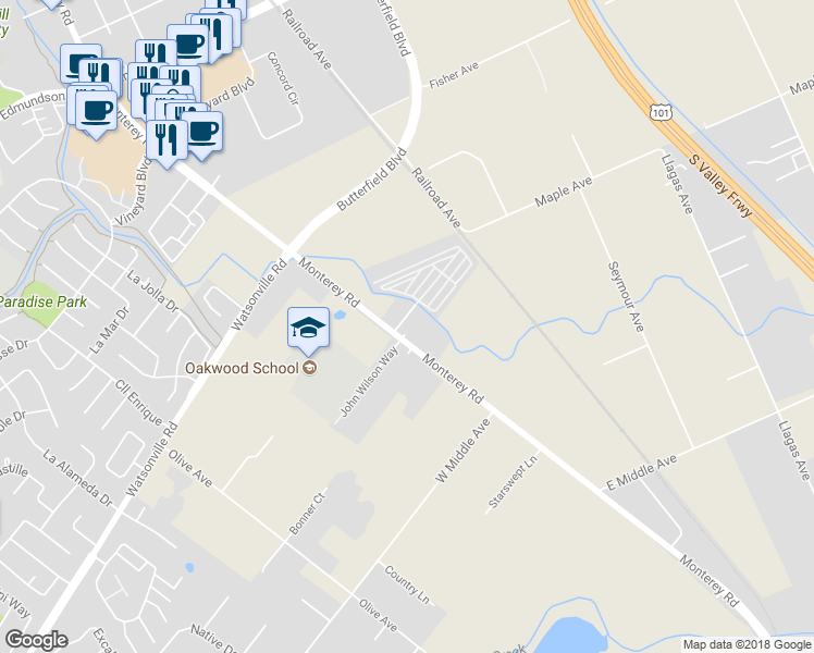 map of restaurants, bars, coffee shops, grocery stores, and more near 15170 Monterey Street in Morgan Hill