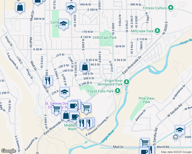 map of restaurants, bars, coffee shops, grocery stores, and more near 2409 East 200 South in St. George