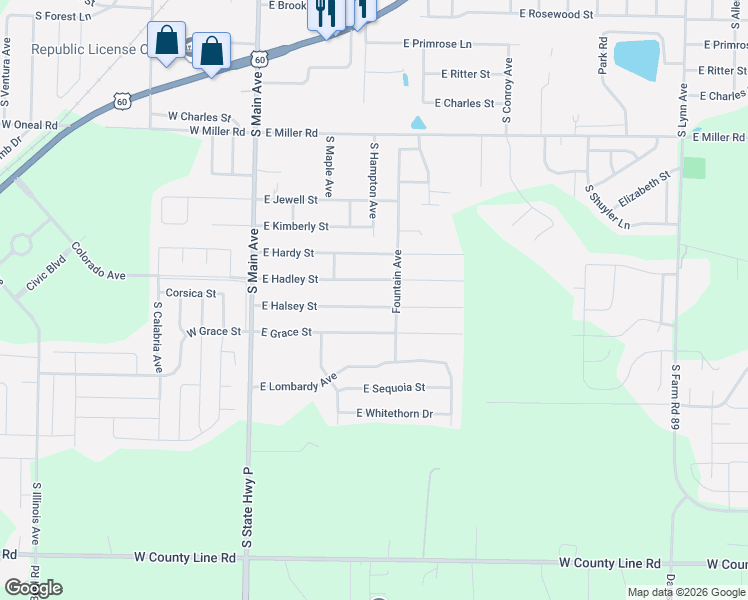 map of restaurants, bars, coffee shops, grocery stores, and more near 349 East Halsey Street in Republic