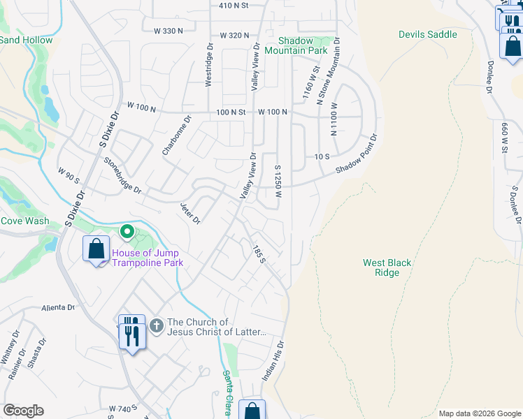 map of restaurants, bars, coffee shops, grocery stores, and more near 1285 West Las Hurdes Drive in St. George