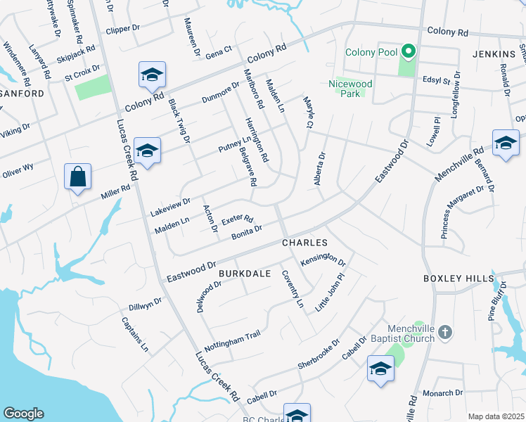 map of restaurants, bars, coffee shops, grocery stores, and more near 290 Malden Lane in Newport News
