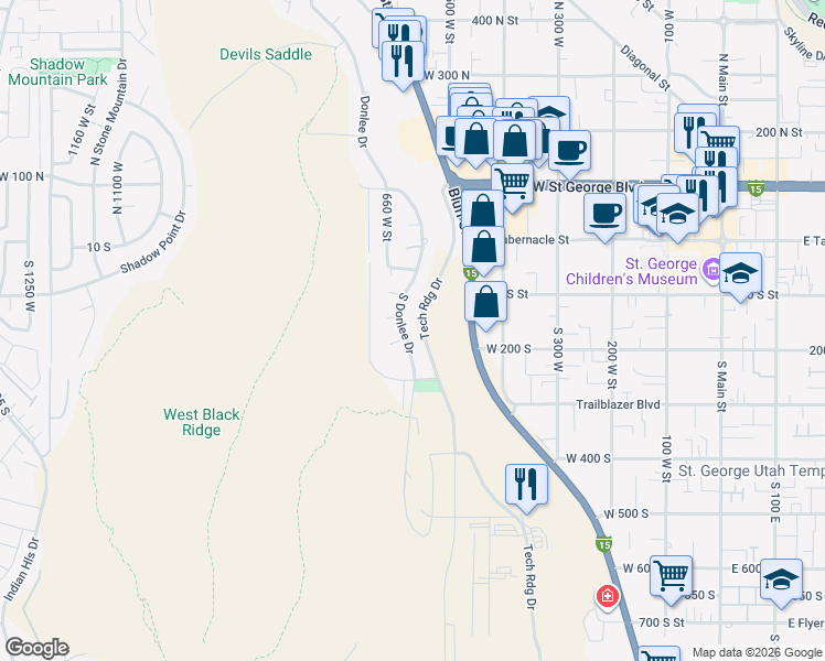 map of restaurants, bars, coffee shops, grocery stores, and more near 179 South Donlee Drive in St. George