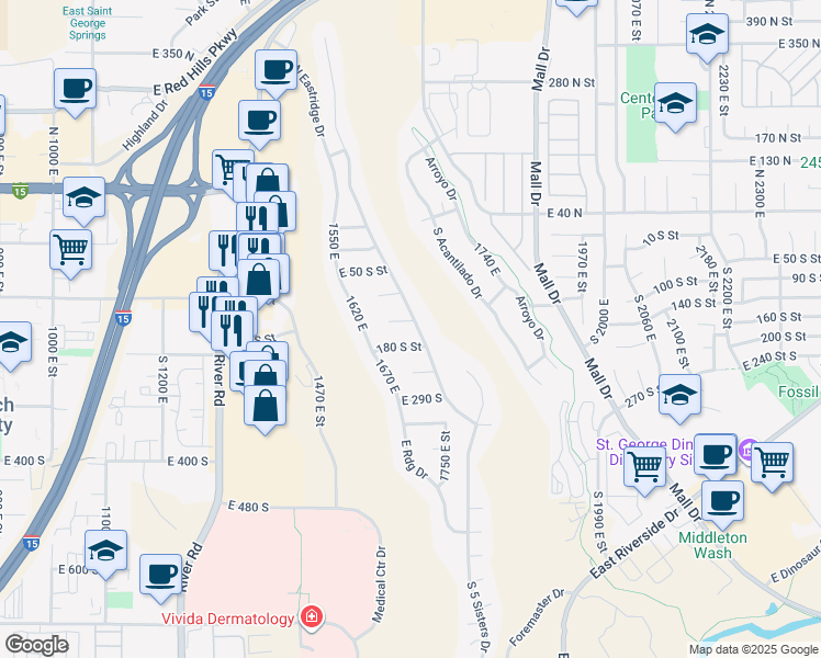 map of restaurants, bars, coffee shops, grocery stores, and more near 1664 East 140 South Circle in St. George