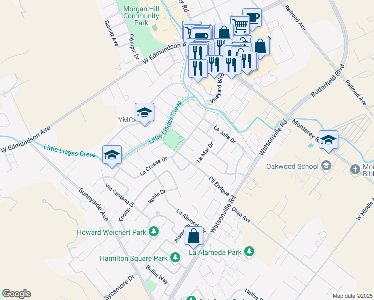 map of restaurants, bars, coffee shops, grocery stores, and more near 15505 La Pala Court in Morgan Hill