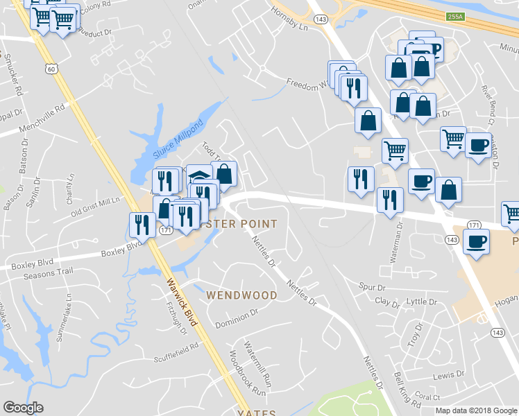 map of restaurants, bars, coffee shops, grocery stores, and more near 104 Radcliff Lane in Newport News