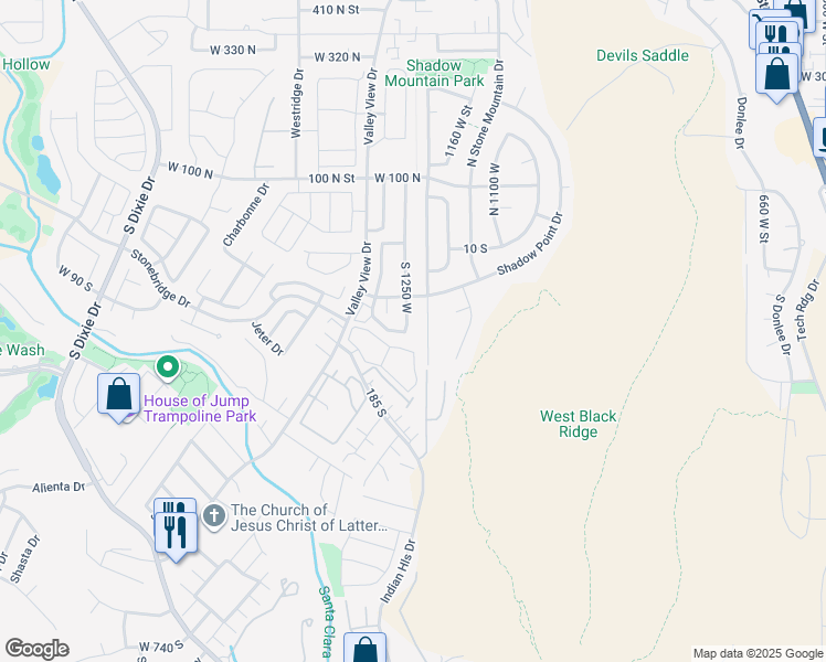 map of restaurants, bars, coffee shops, grocery stores, and more near 157 1250 West Street in St. George
