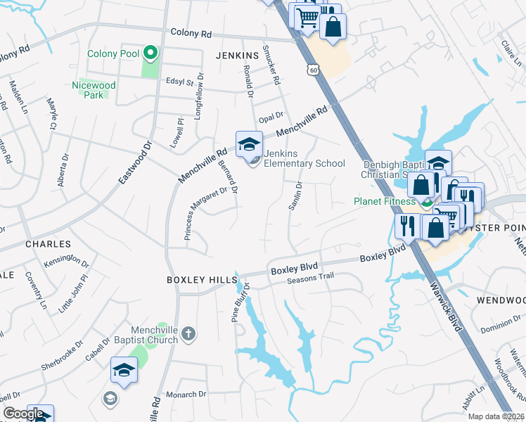 map of restaurants, bars, coffee shops, grocery stores, and more near 261 Batson Drive in Newport News