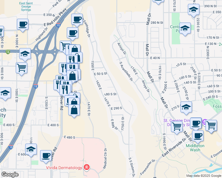 map of restaurants, bars, coffee shops, grocery stores, and more near 1664 East 140 South Circle in St. George