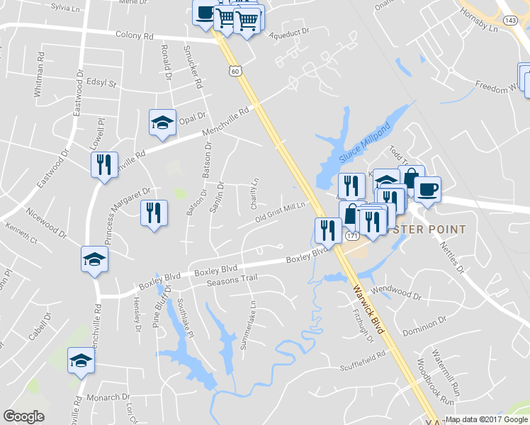 map of restaurants, bars, coffee shops, grocery stores, and more near 304 Hope Court in Newport News
