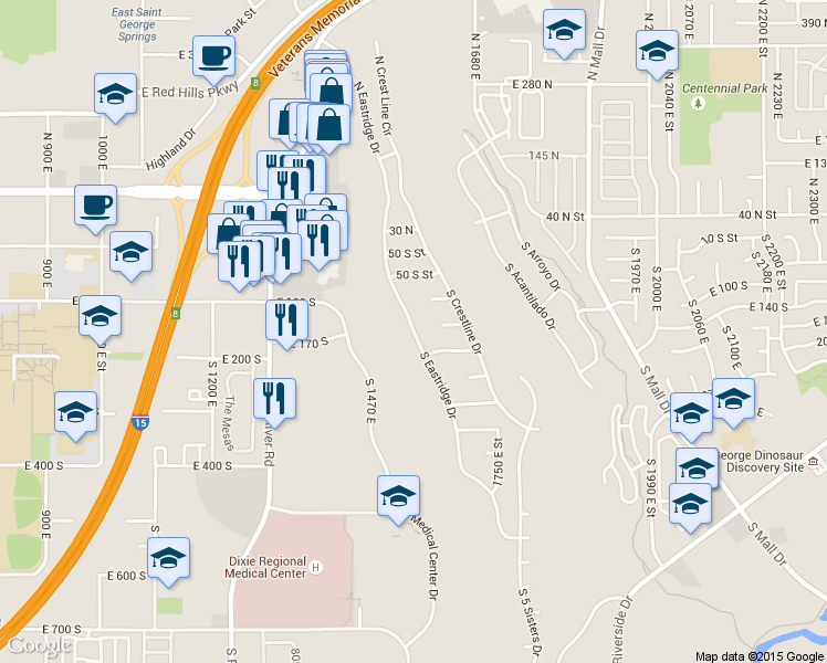 map of restaurants, bars, coffee shops, grocery stores, and more near 143 South Eastridge Drive in St. George
