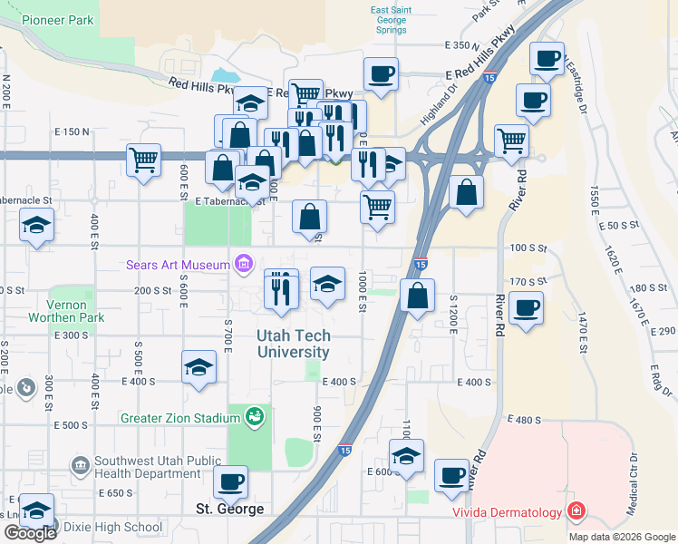 map of restaurants, bars, coffee shops, grocery stores, and more near 974 East 100 South in Saint George