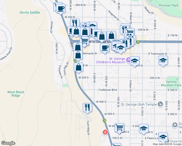 map of restaurants, bars, coffee shops, grocery stores, and more near 162 South 300 West in St. George