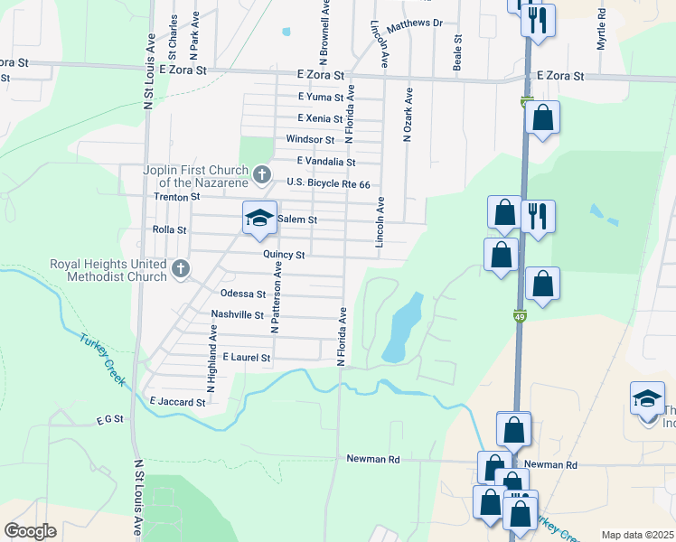 map of restaurants, bars, coffee shops, grocery stores, and more near 2443 Princeton St in Joplin
