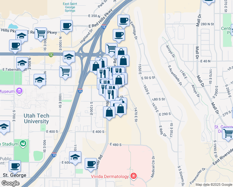 map of restaurants, bars, coffee shops, grocery stores, and more near 1363 East 170 South in St. George