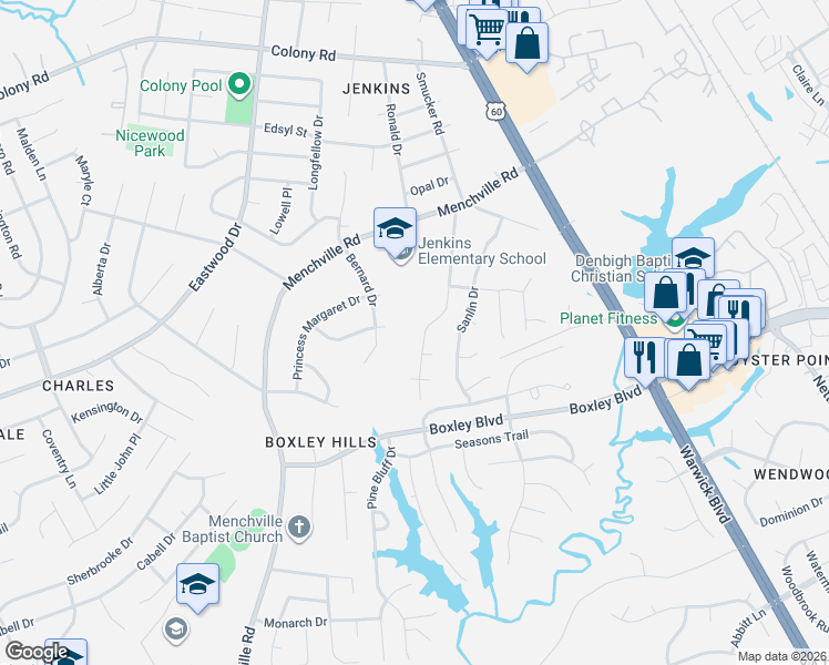map of restaurants, bars, coffee shops, grocery stores, and more near 261 Batson Drive in Newport News