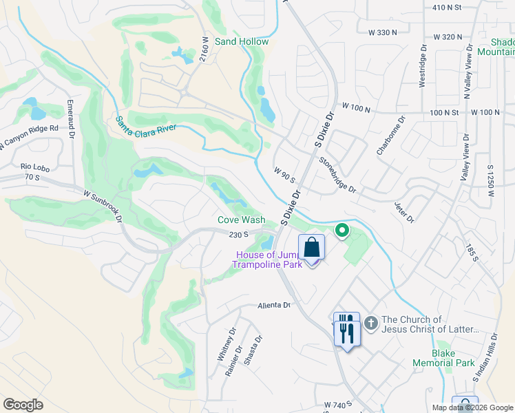 map of restaurants, bars, coffee shops, grocery stores, and more near 1927 West Rivers Edge Lane in St. George