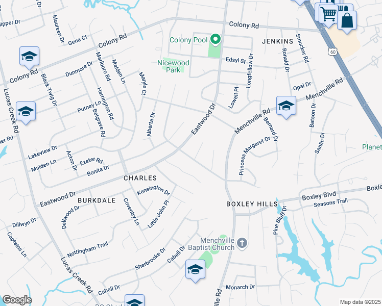 map of restaurants, bars, coffee shops, grocery stores, and more near 126 Nicewood Drive in Newport News