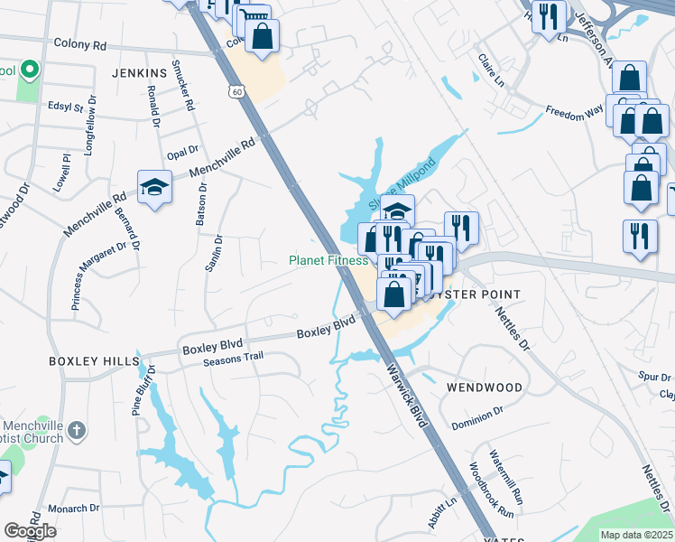map of restaurants, bars, coffee shops, grocery stores, and more near 13071 Warwick Boulevard in Newport News