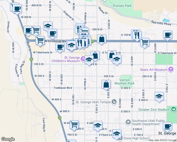 map of restaurants, bars, coffee shops, grocery stores, and more near 163 South Main Street in St. George