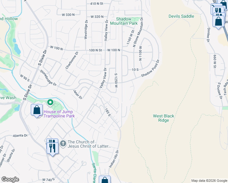 map of restaurants, bars, coffee shops, grocery stores, and more near 154 1250 West Street in St. George
