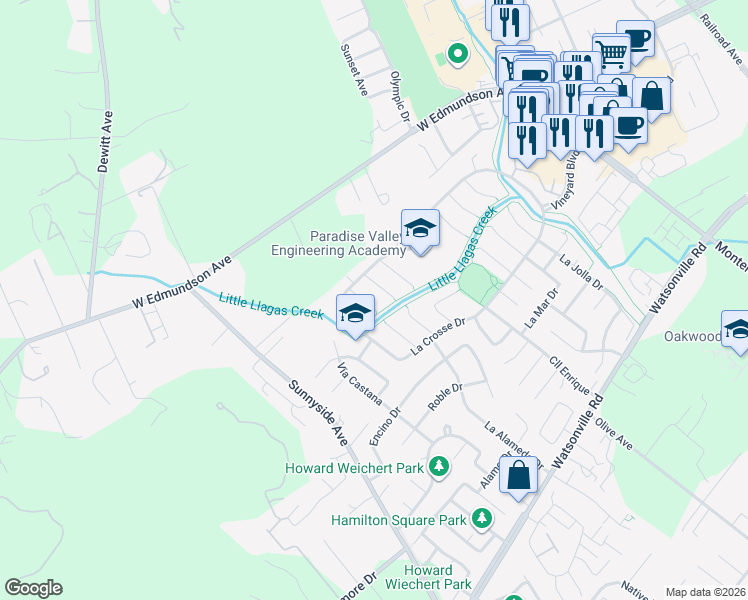map of restaurants, bars, coffee shops, grocery stores, and more near 15900 El Pajaro Court in Morgan Hill