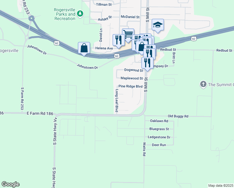map of restaurants, bars, coffee shops, grocery stores, and more near 199 Short Leaf Circle in Rogersville