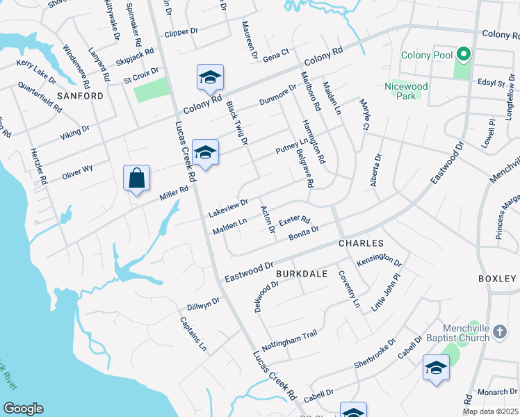 map of restaurants, bars, coffee shops, grocery stores, and more near 263 Acton Drive in Newport News