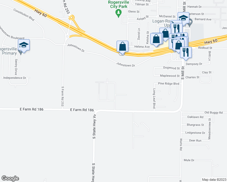map of restaurants, bars, coffee shops, grocery stores, and more near 1094 East State Highway VV in Rogersville