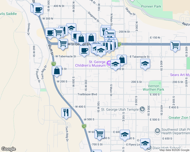 map of restaurants, bars, coffee shops, grocery stores, and more near 154 West 100 South in St. George