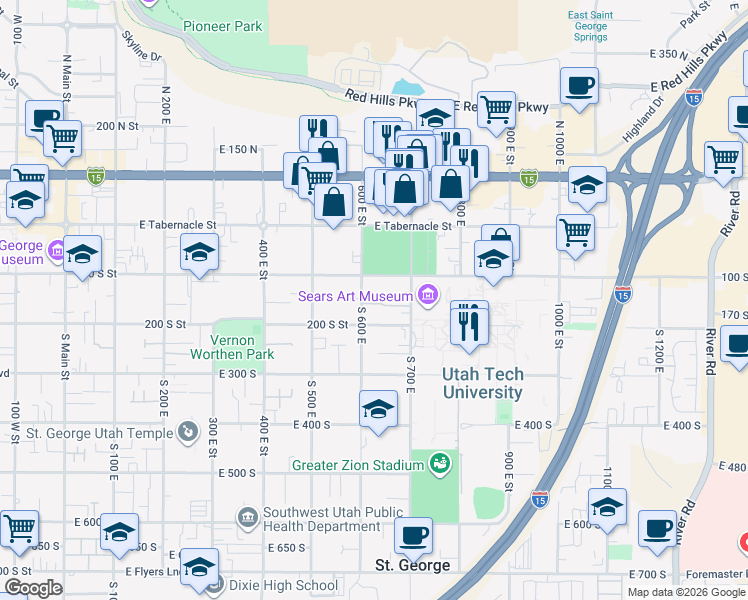 map of restaurants, bars, coffee shops, grocery stores, and more near 649 East 160 South in St. George