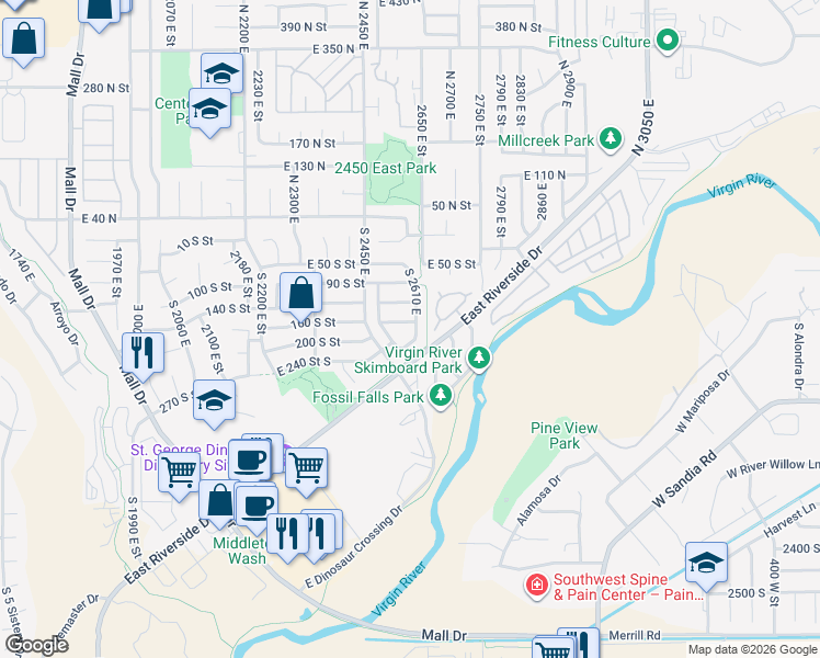 map of restaurants, bars, coffee shops, grocery stores, and more near 2594 East 160 South in St. George